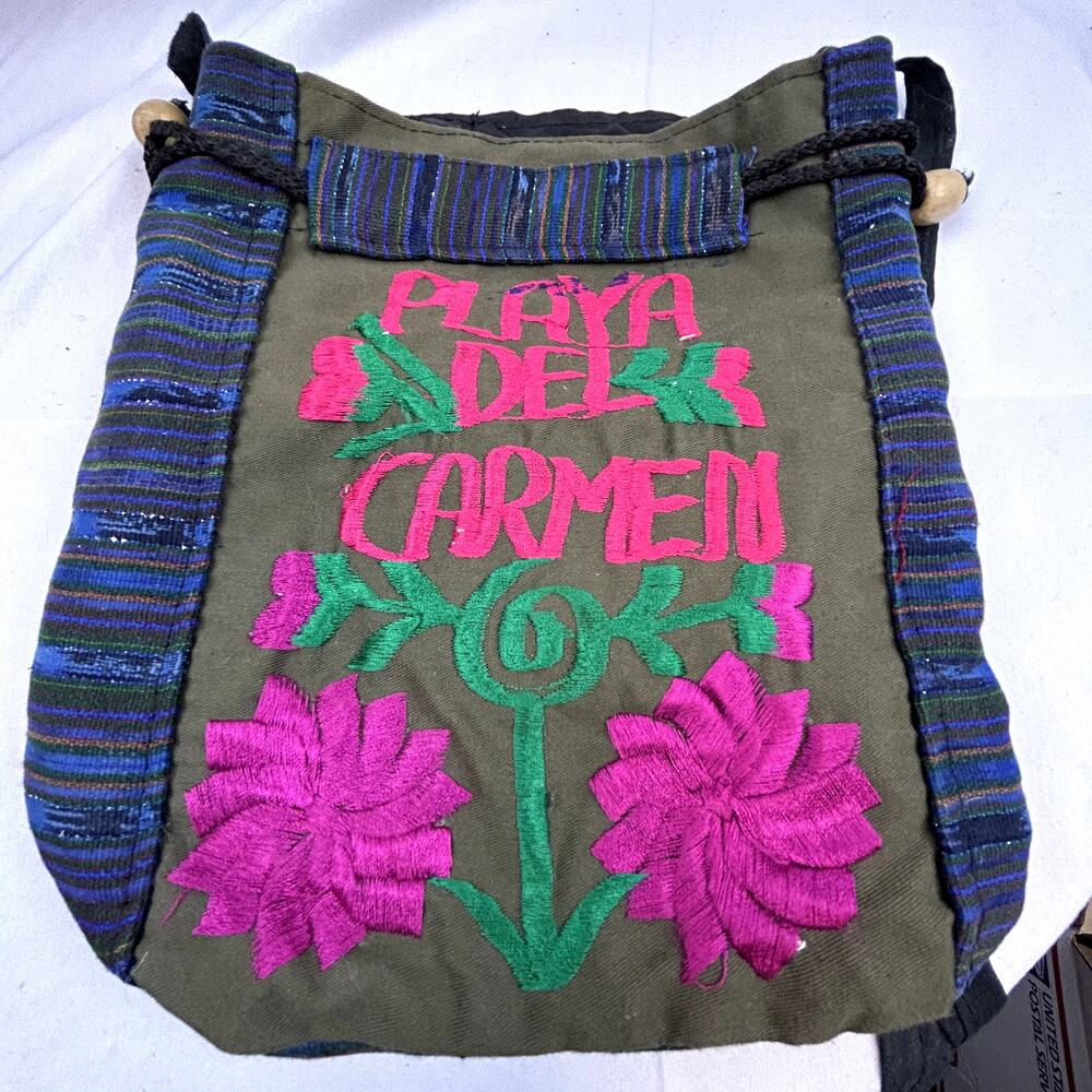 SKU 2213 Bohemian Playa Del Carmen Mexico Handmade Embroidered Cinch Sling Purse